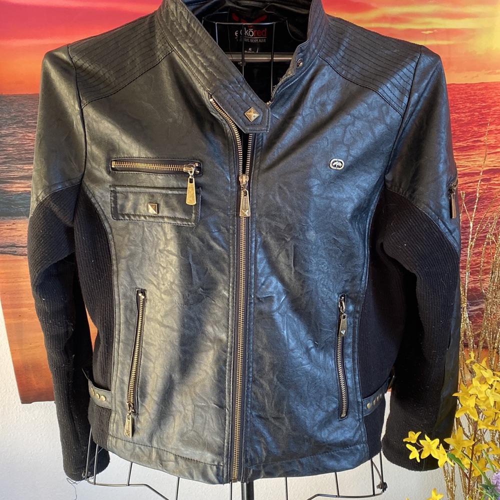 Eclogue red leather like zip jacket